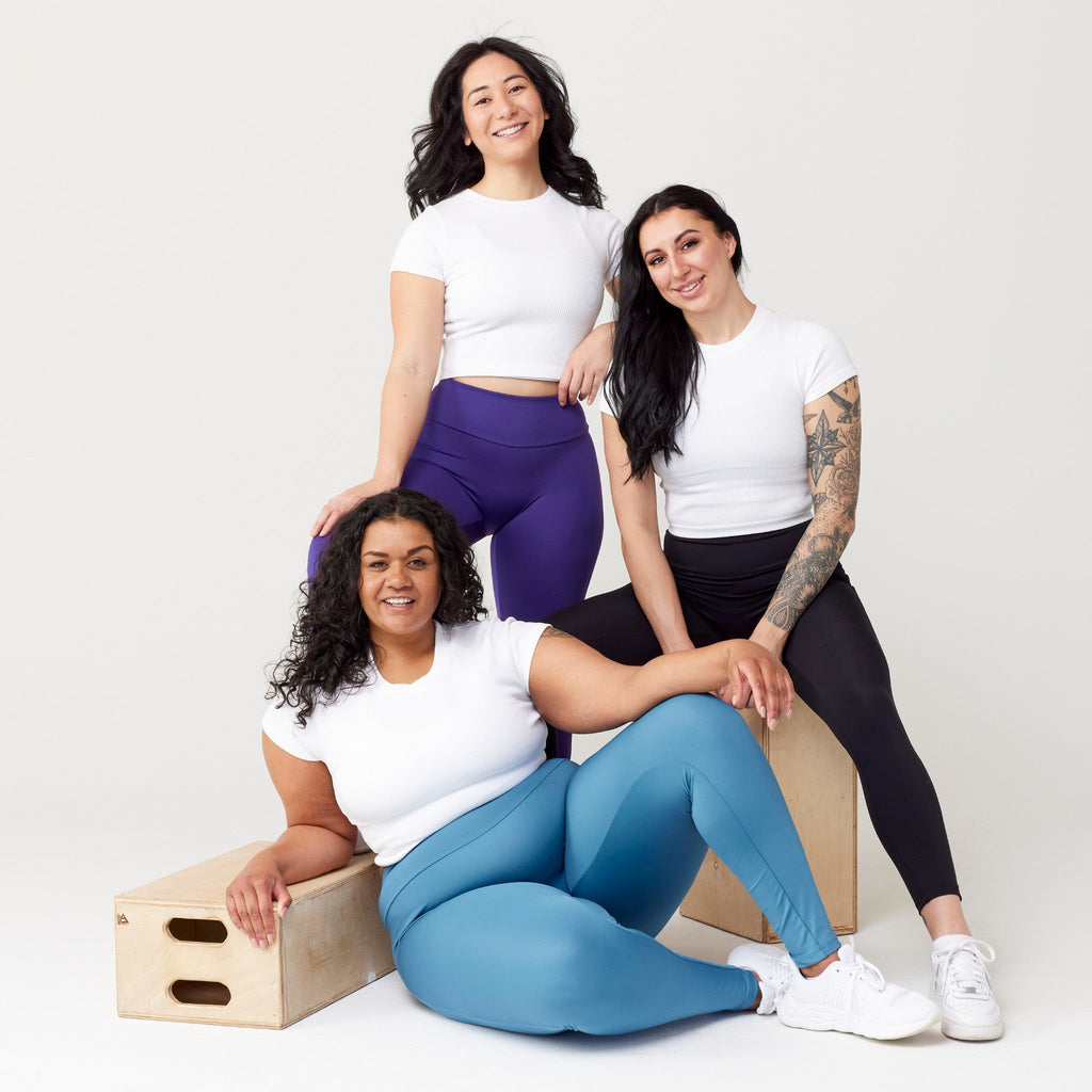 Model wearing leggings for use in active lifestyles as well as casual living.