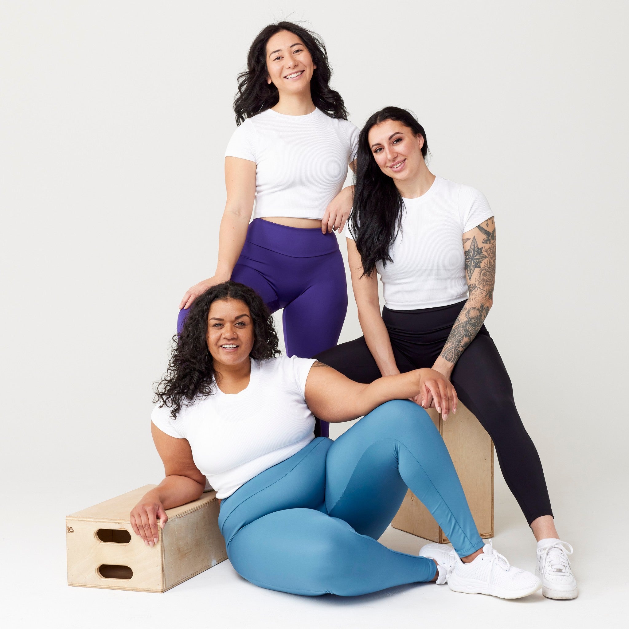 Model wearing leggings for use in active lifestyles as well as casual living.