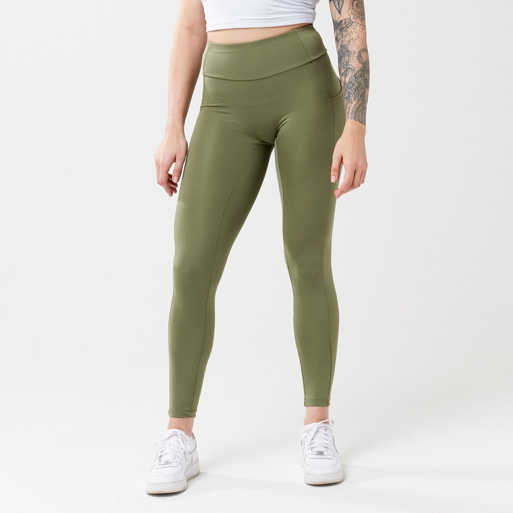 Model wearing sagewood leggings for use in active lifestyles as well as casual living.